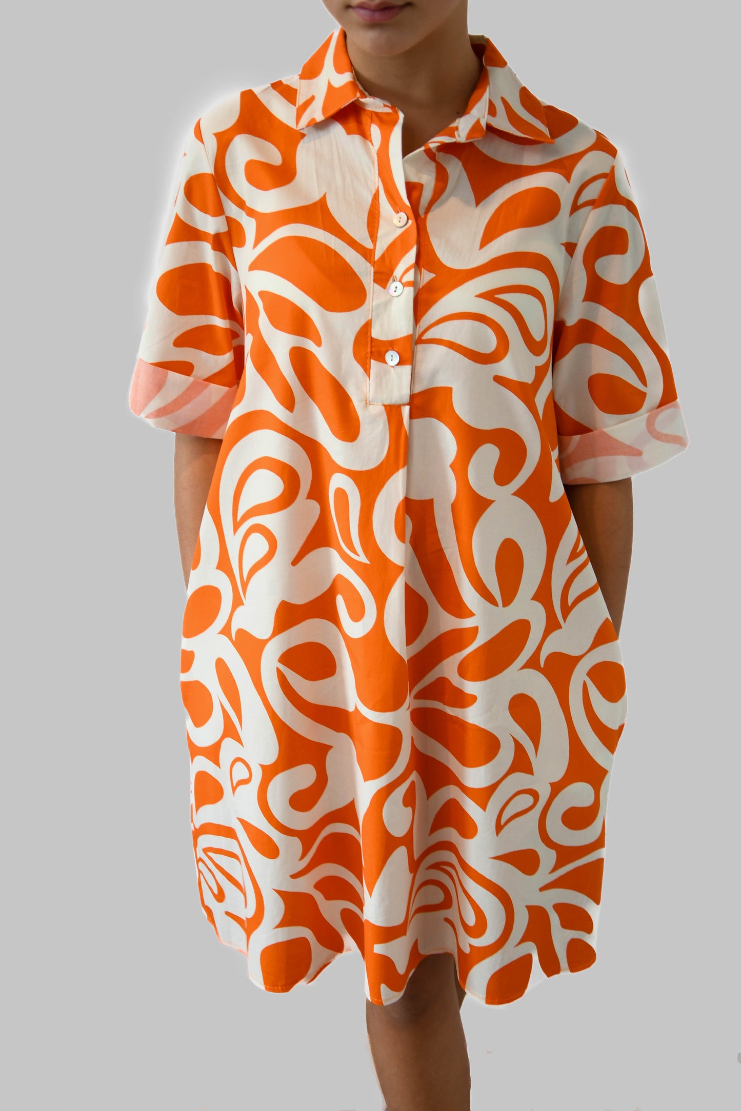 Orange & White Patterned Dress with Pockets