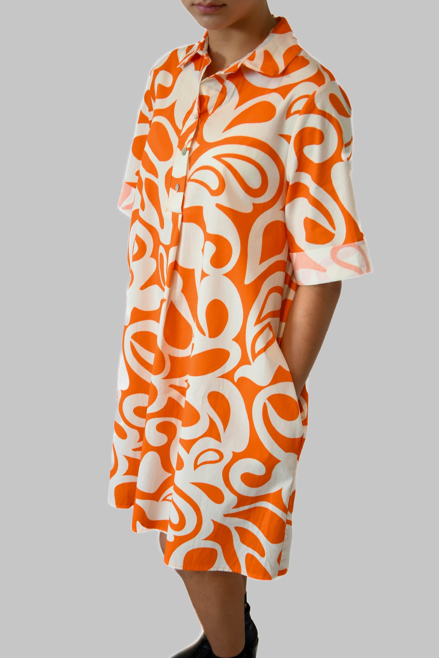 Orange & White Patterned Dress with Pockets