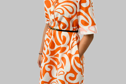 Orange & White Patterned Dress with Pockets