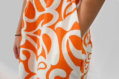 Orange & White Patterned Dress with Pockets