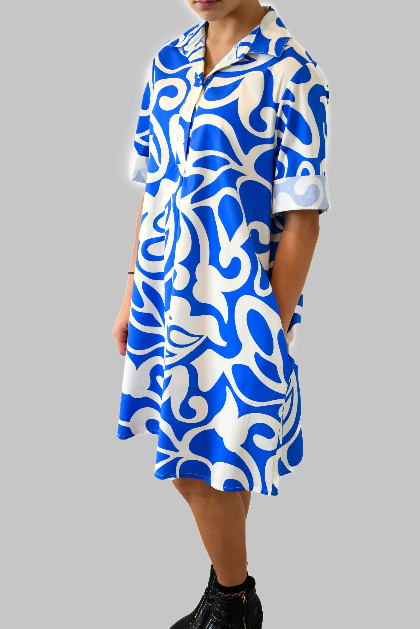 Blue & White Patterned Dress with Pockets