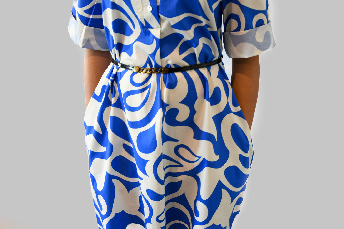 Blue & White Patterned Dress with Pockets