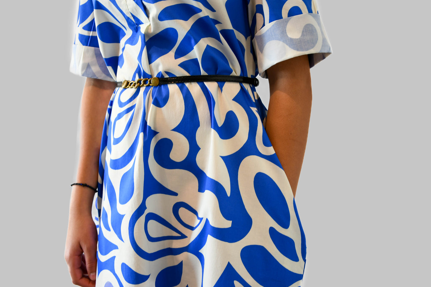 Blue & White Patterned Dress with Pockets