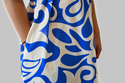 Blue & White Patterned Dress with Pockets