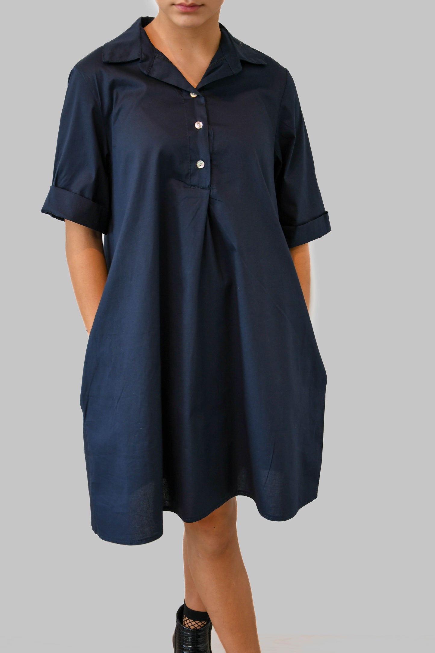 Dark Blue Cotton Dress with Pockets