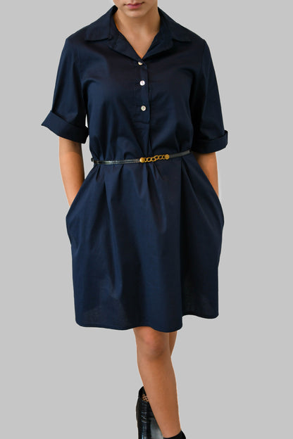 Dark Blue Cotton Dress with Pockets