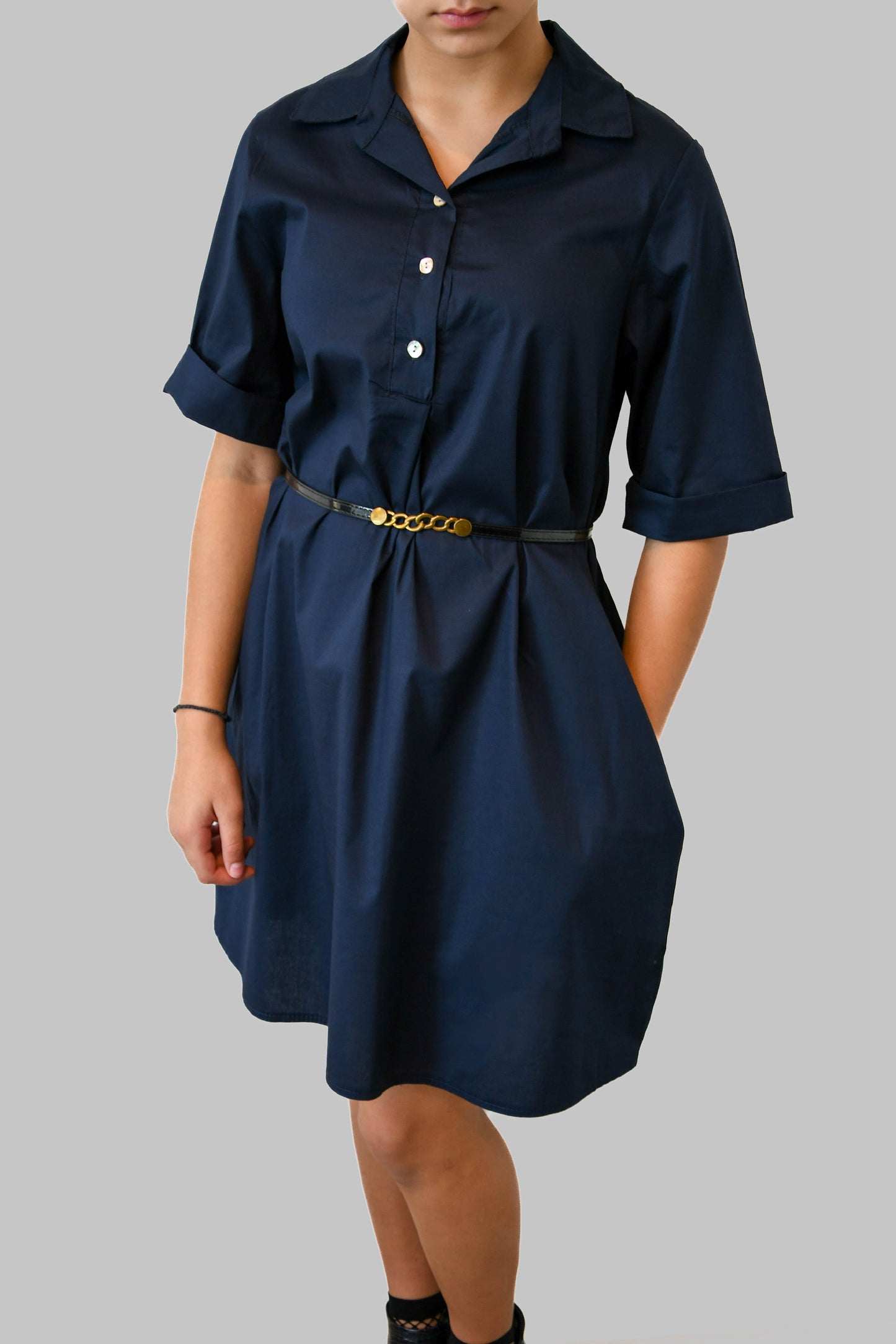 Dark Blue Cotton Dress with Pockets