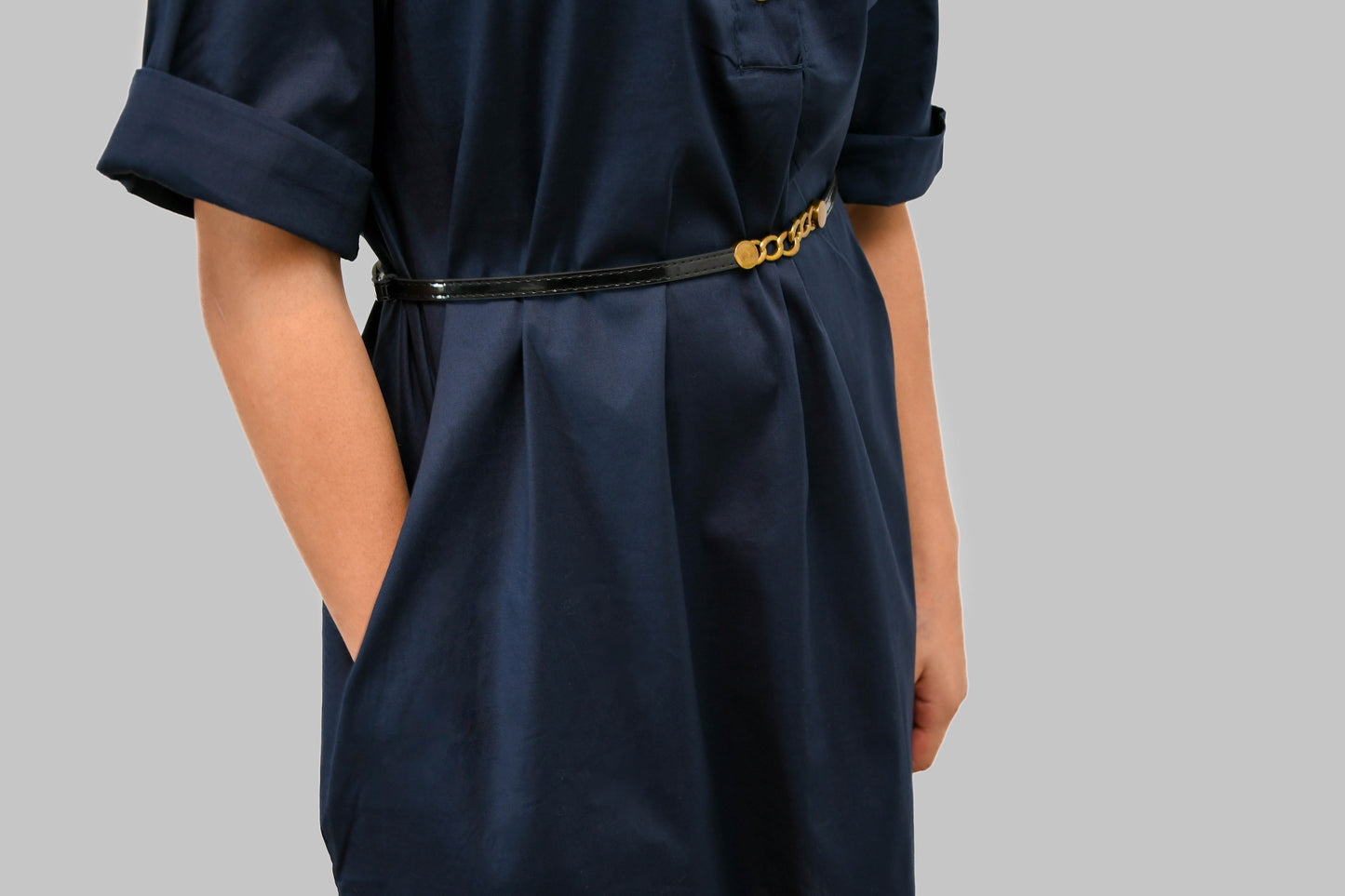 Dark Blue Cotton Dress with Pockets