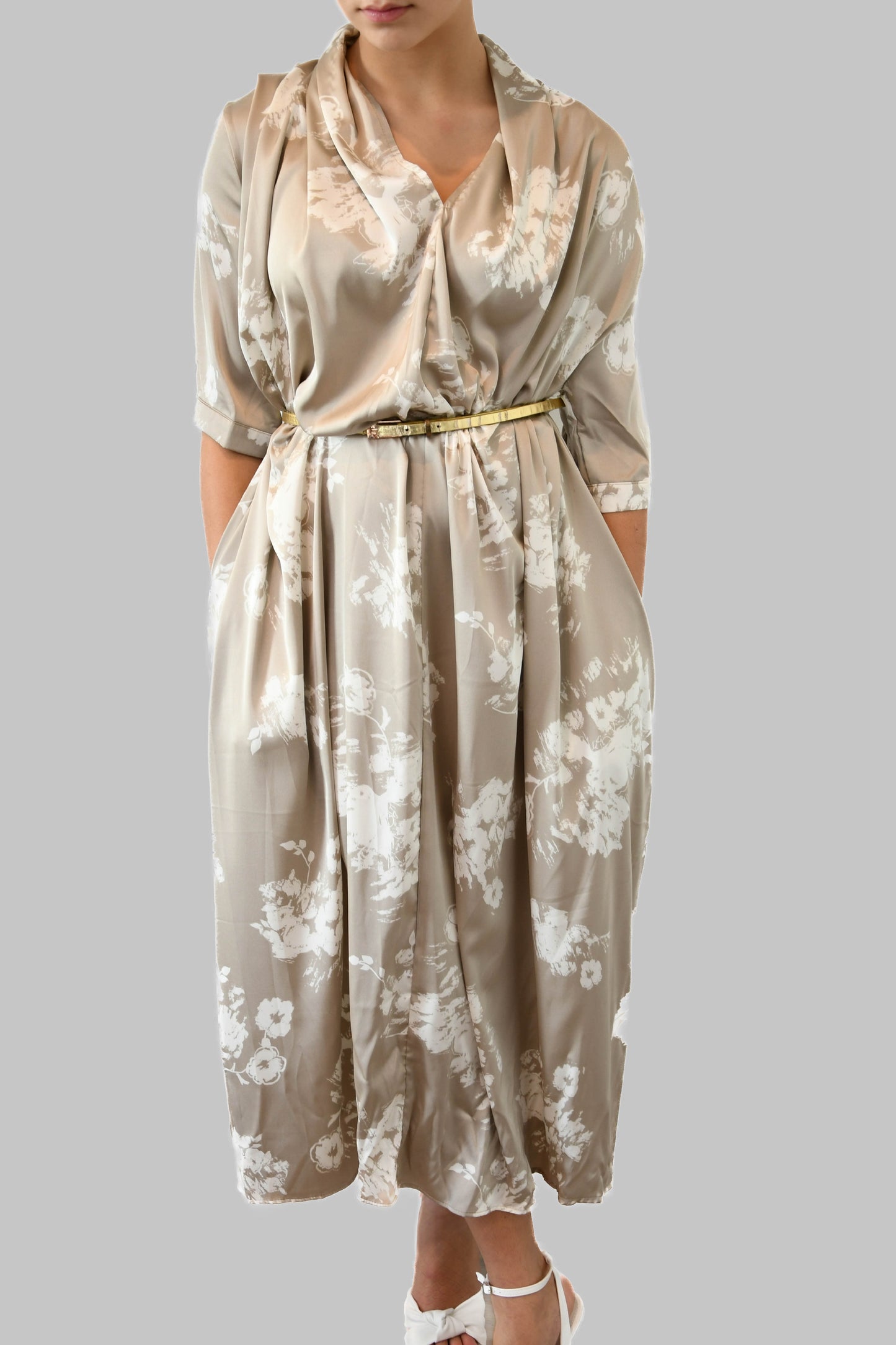 Gold & White Silk Floral Dress with Pockets