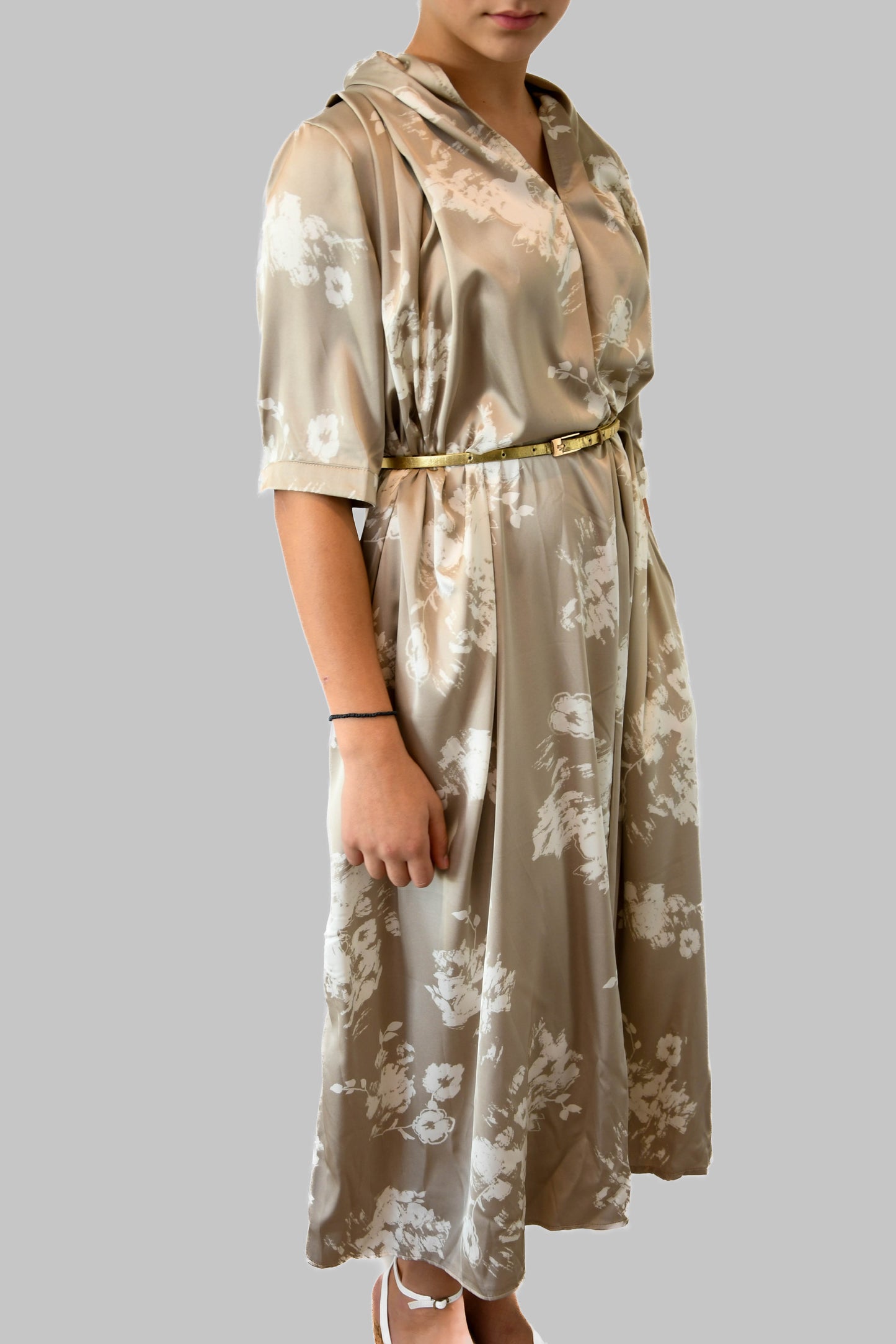 Gold & White Silk Floral Dress with Pockets