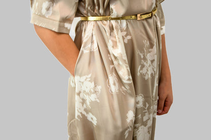 Gold & White Silk Floral Dress with Pockets