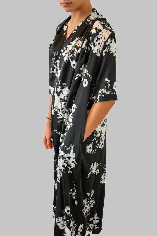 White & Black Silk Floral Dress with Pockets