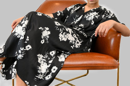 White & Black Silk Floral Dress with Pockets