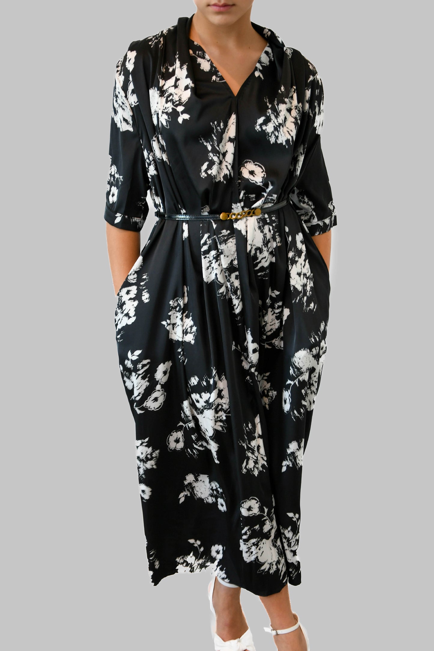 White & Black Silk Floral Dress with Pockets