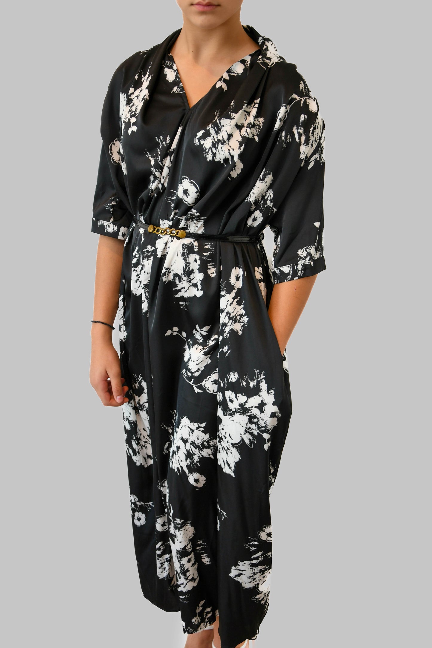 White & Black Silk Floral Dress with Pockets