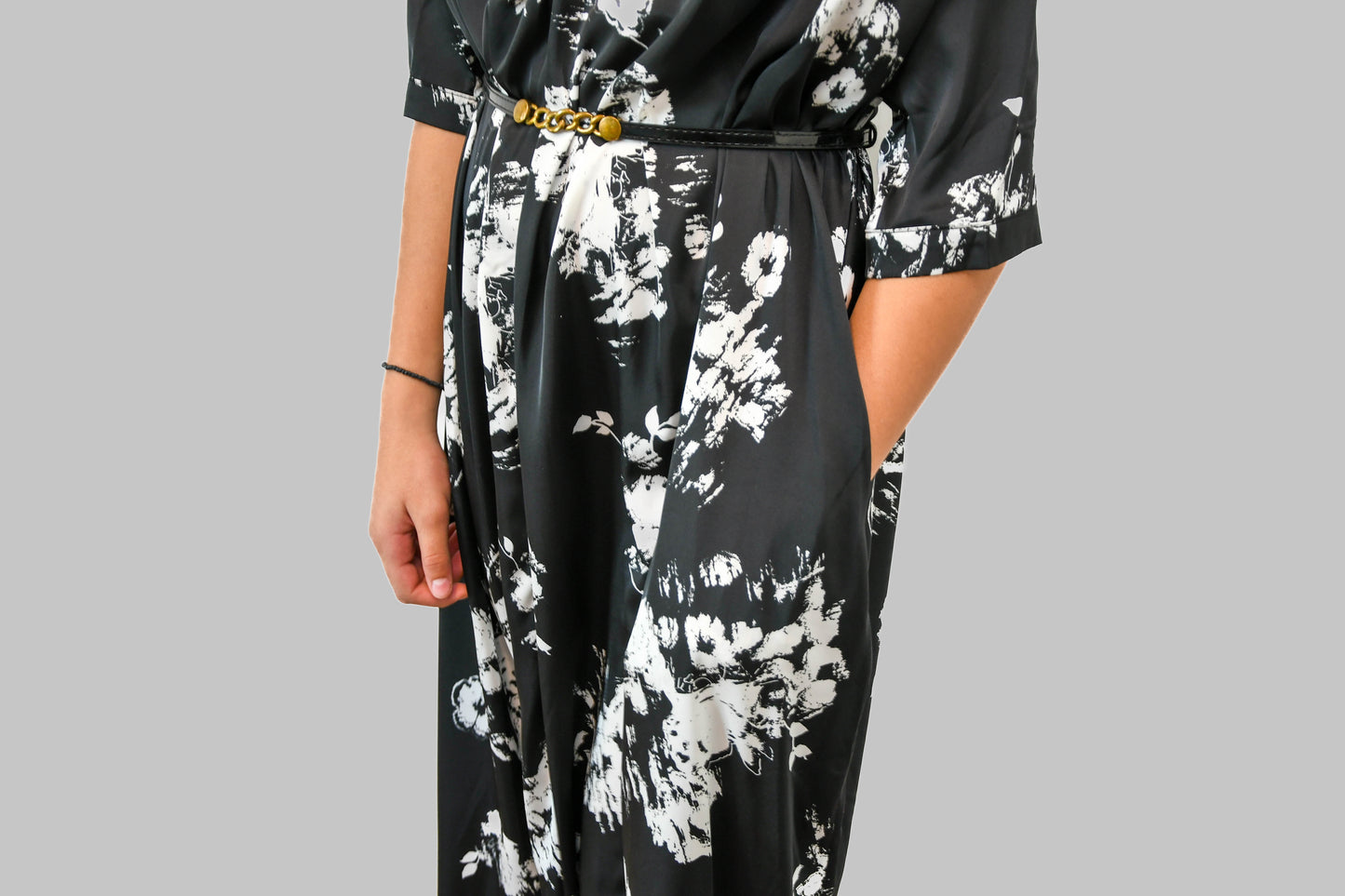 White & Black Silk Floral Dress with Pockets