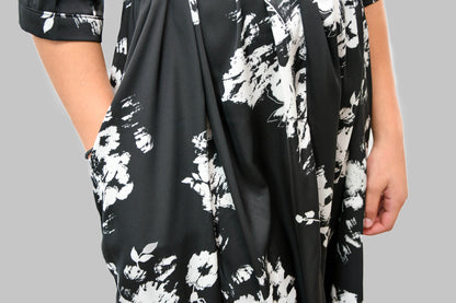 White & Black Silk Floral Dress with Pockets