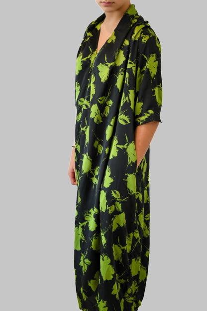 Green & Black Silk Floral Dress with Pockets