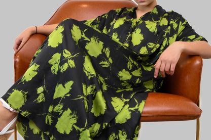 Green & Black Silk Floral Dress with Pockets