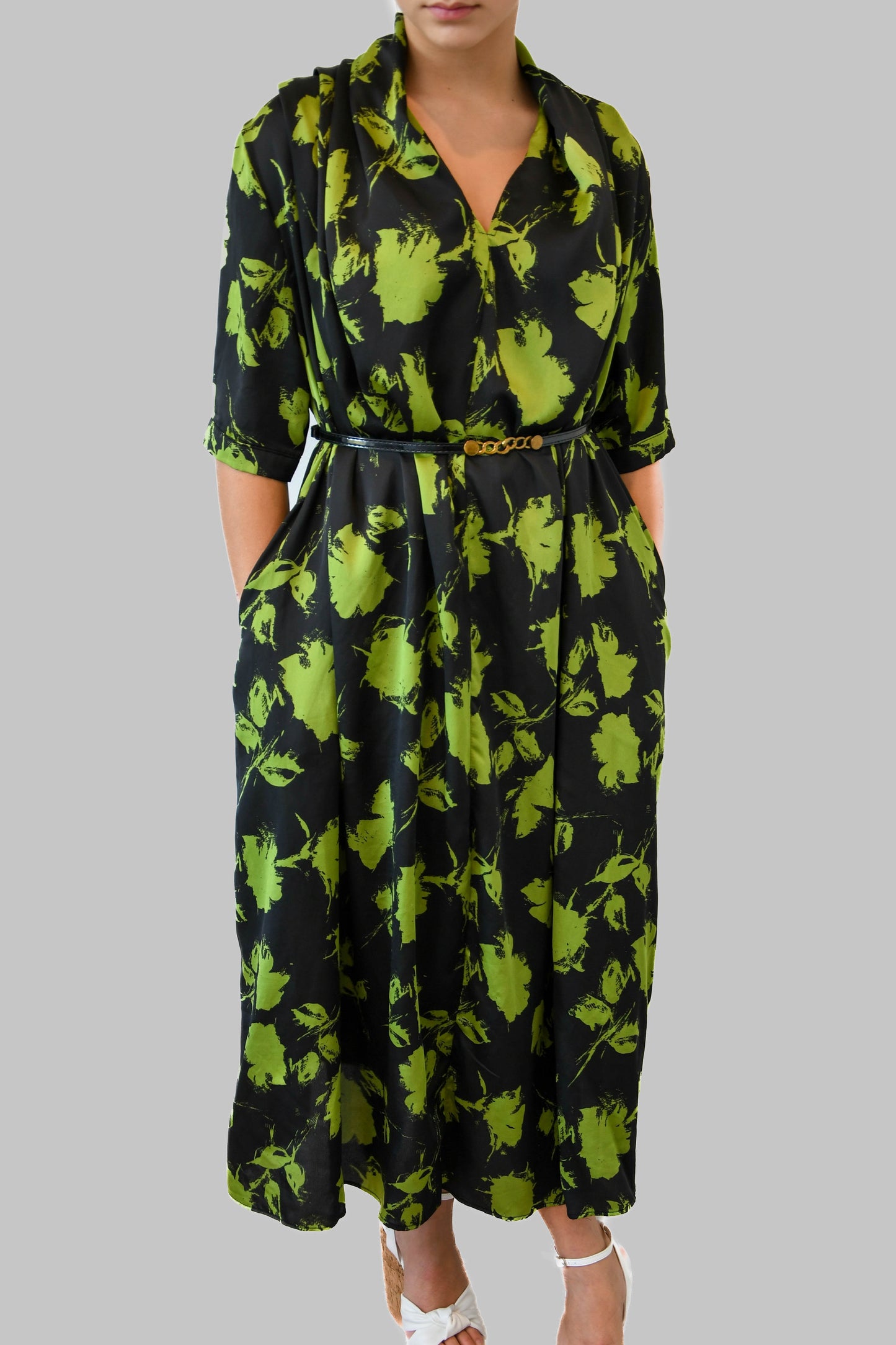 Green & Black Silk Floral Dress with Pockets