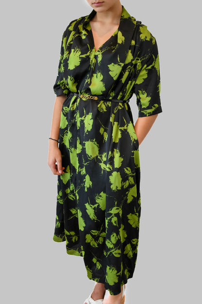 Green & Black Silk Floral Dress with Pockets