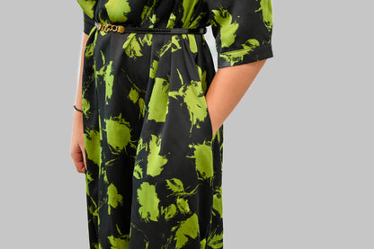 Green & Black Silk Floral Dress with Pockets