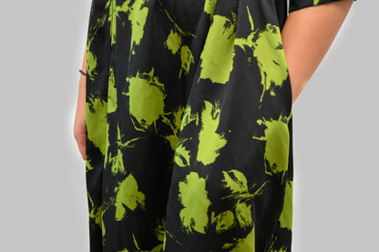 Green & Black Silk Floral Dress with Pockets