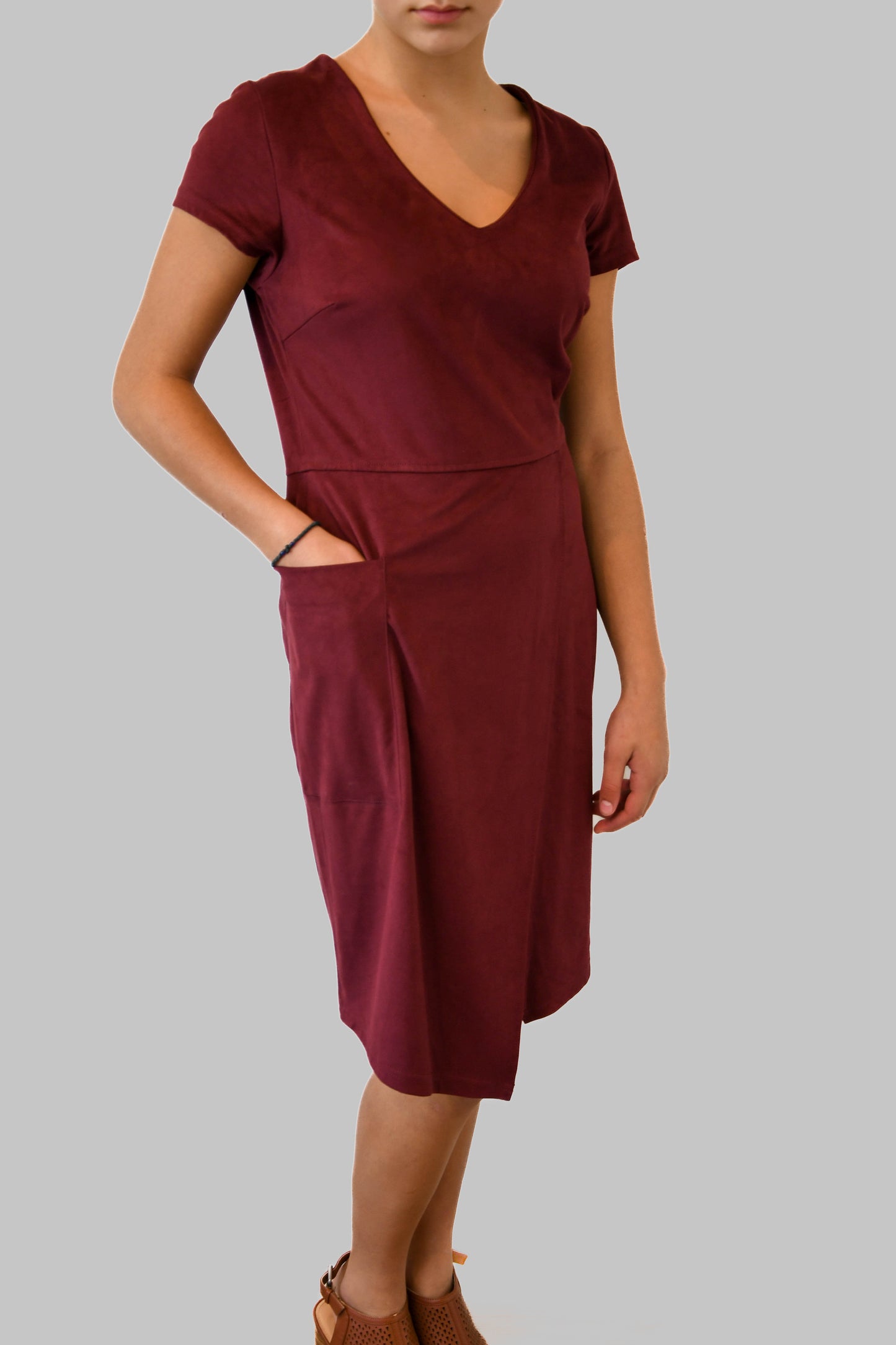 Burgundy Asymmetric Suedette Dress with Oversized Pocket