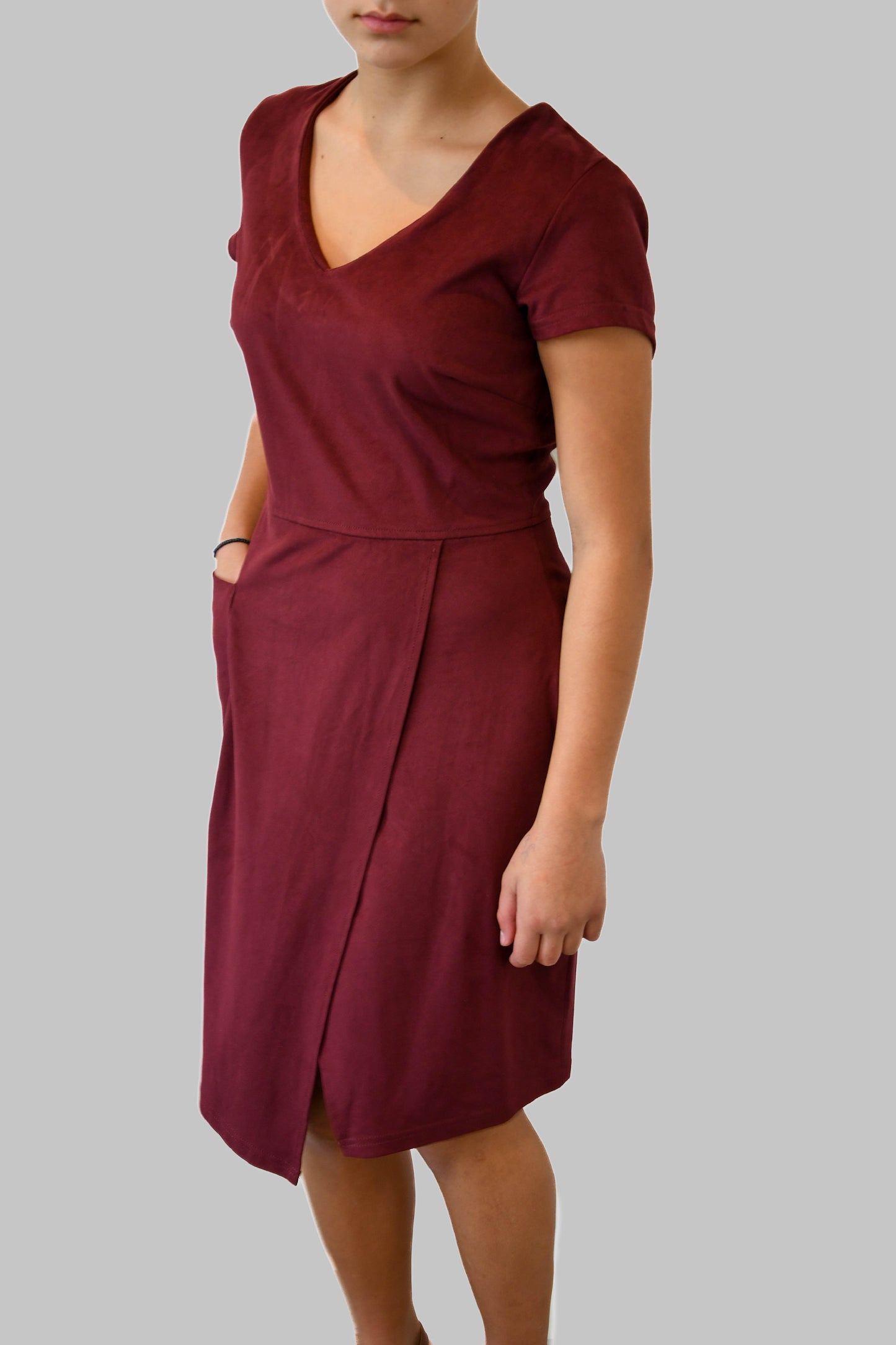 Burgundy Asymmetric Suedette Dress with Oversized Pocket