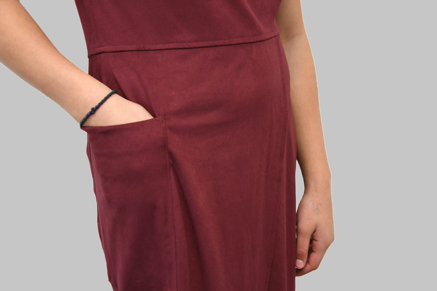 Burgundy Asymmetric Suedette Dress with Oversized Pocket