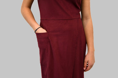 Burgundy Asymmetric Suedette Dress with Oversized Pocket