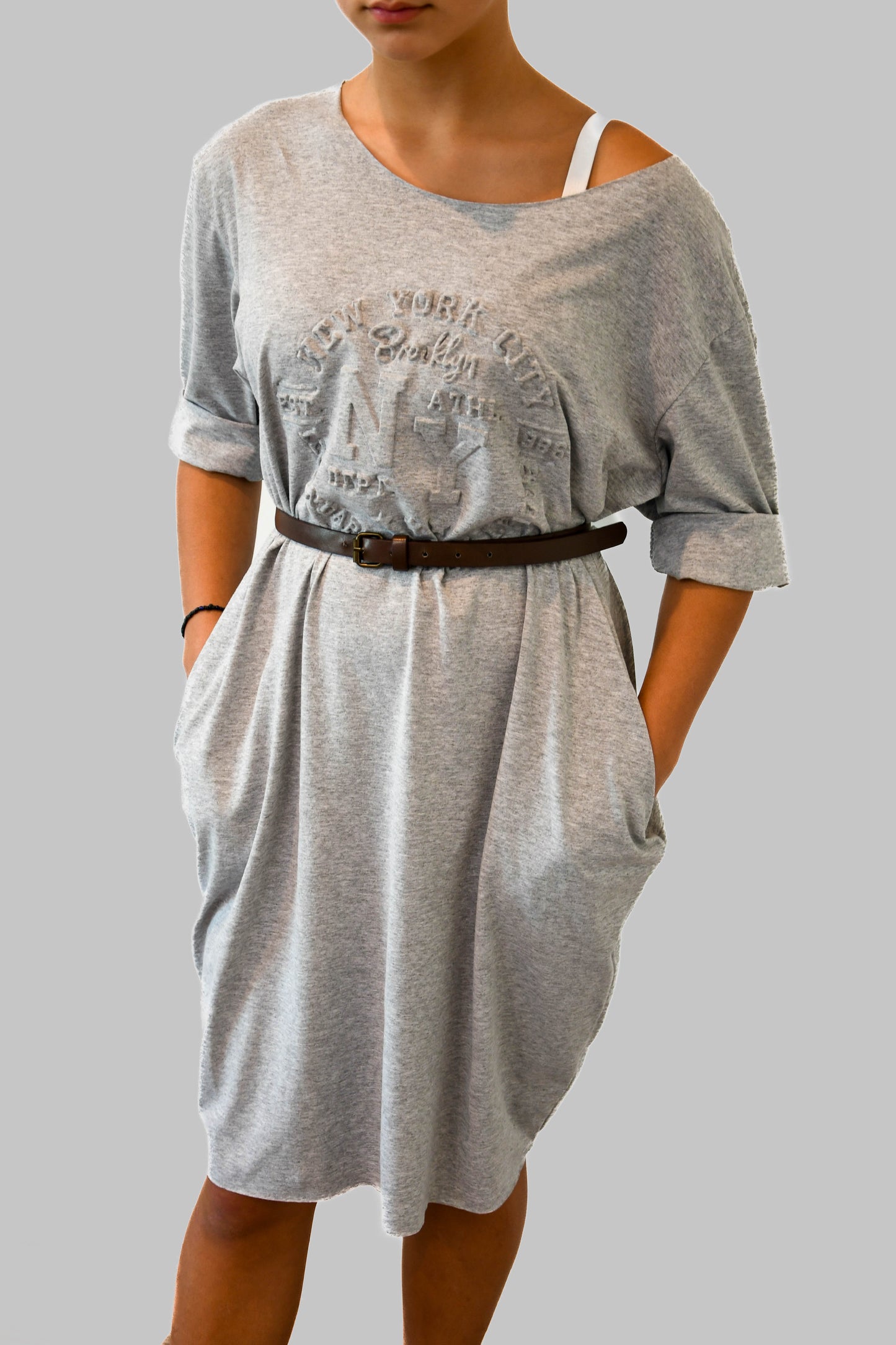 Grey New York T-Shirt Dress with Pockets