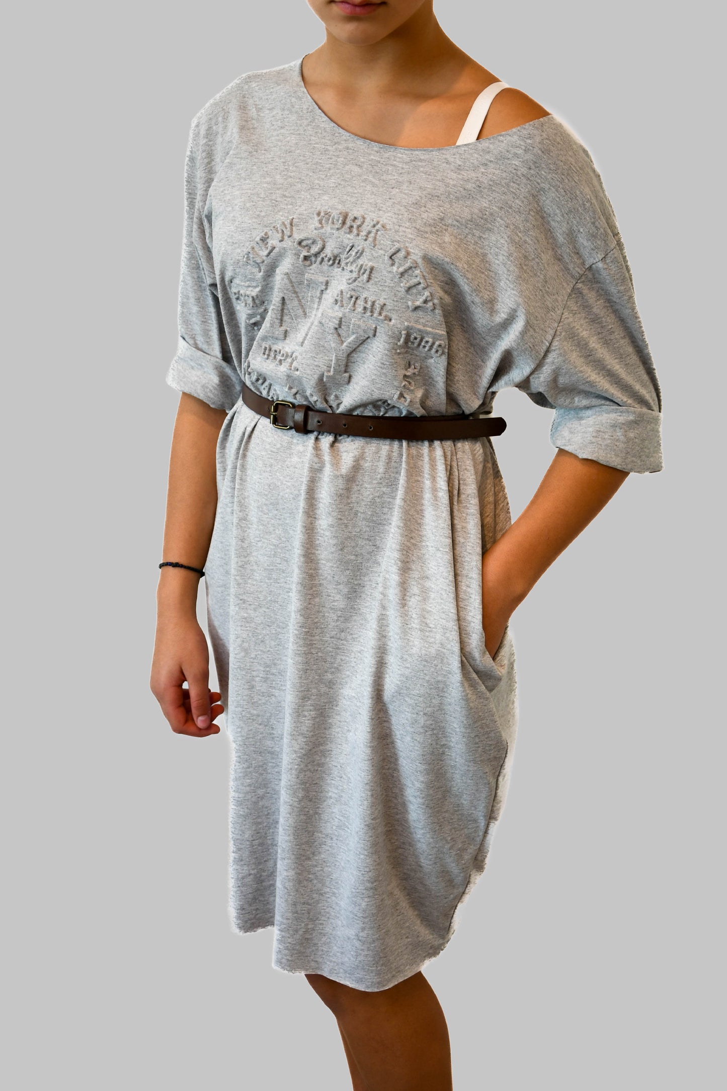 Grey New York T-Shirt Dress with Pockets