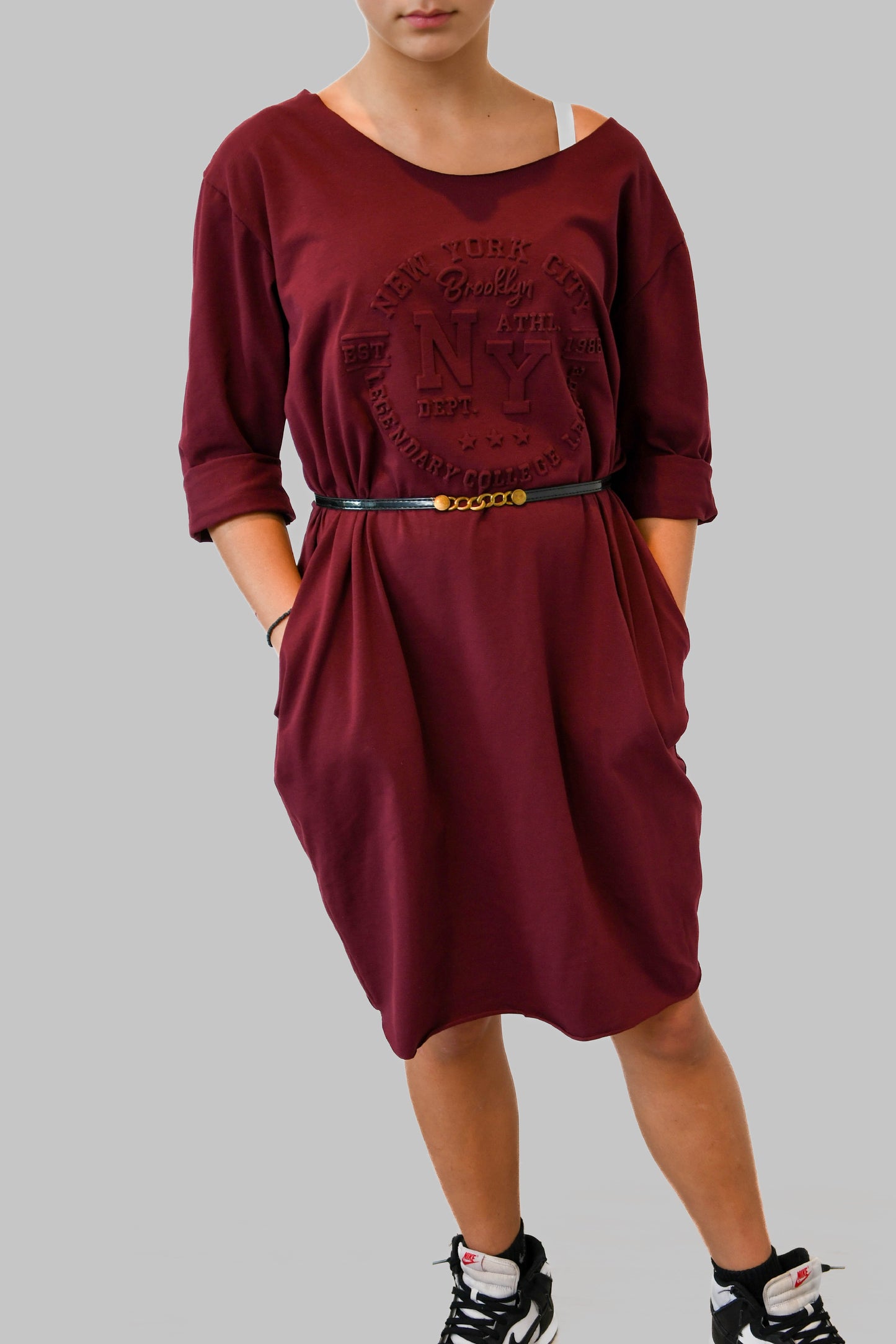 Burgundy New York T-Shirt Dress with Pockets